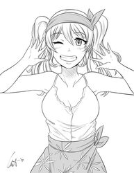  arms_up commentary english_commentary female greyscale grin kantai_collection kashima_(kancolle) looking_at_viewer monochrome one_eye_closed open_hand open_hands sarong shirt signature sleeveless sleeveless_shirt smile solo spaghetti_strap twintails wangphing wavy_hair 