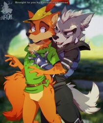  2018 anthro belt black_nose bottomless canid canine canis clothed clothing conditional_dnp crossover dipstick_tail disney fox fur grope group hat headgear headwear looking_back male mammal markings nintendo red_fox robin_hood robin_hood_(disney) star_fox tail tail_markings true_fox wolf wolf_o&#039;donnell xnirox 