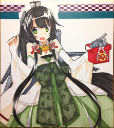  bare_shoulders bell black_hair blunt_bangs breasts bridal_gauntlets cleavage commentary_request crane_(machine) detached_sleeves dress female furisode green_dress green_eyes hair_ornament hair_ribbon hair_tubes hakama hakama_skirt hime_takeo japanese_clothes kantai_collection kimono long_hair machinery marker_(medium) medium_breasts mizuho_(kancolle) obi open_mouth photoshop_(medium) ribbon sash shide shikishi sidelocks skirt solo traditional_media very_long_hair 