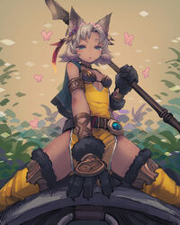  :o animal_ears animal_hands aqua_eyes armlet bad_id bad_tumblr_id bare_shoulders bee_(deadflow) breasts bug butterfly cat_ears cat_paws claws cleavage dark-skinned_female dark_skin dress erune feathers female flower fur_trim granblue_fantasy grey_hair hair_flower hair_ornament half-closed_eyes highres holding holding_weapon melleau midriff oerba_yun_fang open_mouth over_shoulder pelvic_curtain polearm riding short_hair side_slit small_breasts solo spear thighhighs weapon weapon_over_shoulder yellow_dress yellow_thighhighs 