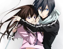  1boy black_hair blue_eyes brown_hair commentary_request female iki_hiyori jacket long_hair noragami otton pink_eyes scarf school_uniform sword track_jacket weapon yato_(noragami) 