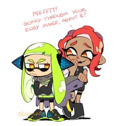  2girls agent_3_(splatoon) agent_8_(splatoon) cape commentary english_commentary green_hair inkling inkling_girl inkling_player_character multiple_girls octoling octoling_girl octoling_player_character red_hair sami_briggs splatoon_(series) splatoon_2 splatoon_2:_octo_expansion tentacle_hair 