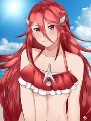  bare_shoulders bikini commentary cordelia_(fire_emblem) cordelia_(summer)_(fire_emblem) english_commentary female fire_emblem fire_emblem_awakening fire_emblem_heroes hair_ornament long_hair looking_at_viewer maji_(majibomber) red_bikini red_eyes red_hair seashell shell solo starfish summer swimsuit 