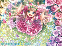  :d ahoge arms_up blonde_hair commentary_request detached_sleeves dress female flower frilled_dress frills from_above fumi_(butakotai) green_eyes hair_flower hair_ornament hairband looking_at_viewer looking_up luck_&amp;_logic official_art open_mouth outstretched_arms petals photoshop_(medium) pink_dress purple_flower purple_rose rose smile solo sparkle standing 