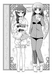  2girls barefoot blush braid commentary_request eboshi_momono greyscale kuriyama_yumino long_hair looking_at_viewer mikuri_gakuen_sweets-bu monochrome multiple_girls pajamas porurin smile 