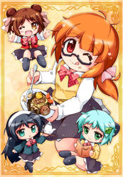  4girls bad_id bad_pixiv_id blush book bow chibi eboshi_momono food glasses green_eyes green_hair katase_hakui kuriyama_yumino long_hair looking_at_viewer mikuri_gakuen_sweets-bu multiple_girls one_eye_closed outstretched_arms red_eyes short_hair shougo_konatsu skirt smile tongue tongue_out zipang_(zip@ng_works) 