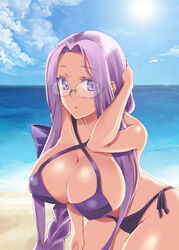  :o bad_id bad_pixiv_id bare_shoulders beach bikini braid breasts cleavage cloud day fate/grand_order fate/stay_night fate_(series) female glasses large_breasts long_hair looking_at_viewer medusa_(fate) medusa_(rider)_(fate) painttool_sai_(medium) parted_lips purple_bikini purple_eyes purple_hair side-tie_bikini_bottom solo sun swimsuit very_long_hair zanku 