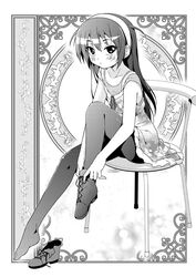  blush commentary_request eboshi_momono female greyscale hairband long_hair mikuri_gakuen_sweets-bu monochrome pantyhose porurin sitting solo 