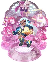  +_+ 4girls agent_3_(splatoon) ankle_boots aqua_hair bike_shorts black_dress black_footwear black_hair black_jumpsuit black_shirt black_shorts blue_eyes blunt_bangs boots brown_eyes callie_(splatoon) closed_mouth commentary_request copyright_name dark-skinned_female dark_skin dated detached_collar dj_octavio dress earrings fangs food food_on_head from_side gloves goggles green_legwear grey_hair headgear hero_shot_(splatoon) highres holding holding_weapon inkling inkling_girl inkling_player_character jewelry jumpsuit leg_up long_hair long_sleeves looking_at_viewer looking_back marie_(splatoon) mask mole mole_under_eye multiple_girls object_on_head octarian_(enemy) octoball octobomber octocopter octoling octoling_player_character octopod octoshot_(splatoon) octotrooper one_eye_closed open_mouth pantyhose parted_lips purple_legwear shirt shoes short_dress short_hair short_jumpsuit shorts single_vertical_stripe smile smirk sneakers soto splatoon_(series) splatoon_1 squid_pose squidbeak_splatoon standing standing_on_one_leg strapless strapless_dress sushi takozonesu tentacle_hair vest weapon white_background white_gloves yellow_footwear yellow_vest zapfish 