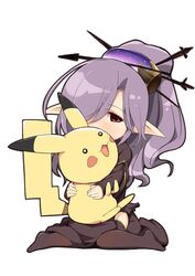  blush brown_eyes commentary_request crossover dress female granblue_fantasy hair_ornament harvin highres hug niyon_(granblue_fantasy) pikachu pokemon pokemon_(creature) ponytail purple_hair sitting sorano_(12gou) thighhighs white_background 