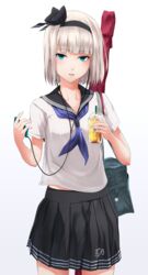  alternate_costume aono_meri bad_id bad_pixiv_id black_hairband black_ribbon black_skirt blue_eyes blunt_bangs blush cable collarbone contemporary cup digital_media_player drink earphones eyebrows female hair_ribbon hairband highres holding holding_behind_back holding_cup ipod konpaku_youmu liquid looking_at_viewer neckerchief over_shoulder pleated_skirt ribbon school_uniform serafuku shirt short_hair short_sleeves skirt solo starbucks touhou weapon_bag white_hair white_shirt 