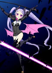  :&gt; blush boots claws demon_girl demon_wings female full_body horns long_hair pncnmmm pop-up_story protected_link purple_eyes purple_hair solo thigh_boots thighhighs twintails v-shaped_eyebrows very_long_hair volteria_dig_platidity whip wings 