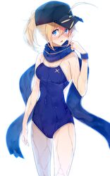  :o ahoge amami_amayu arm_at_side artoria_pendragon_(fate) bare_shoulders baseball_cap black_hat blonde_hair blue_eyes blue_hat blue_one-piece_swimsuit blue_scarf blush breasts clenched_hand collarbone commentary competition_school_swimsuit cowboy_shot eyelashes fate/extella fate/extra fate/grand_order fate_(series) female fingernails hair_through_headwear hand_to_own_mouth hand_up hat highres legs_apart long_fingernails looking_at_viewer mysterious_heroine_x_(fate) nose_blush one-piece_swimsuit open_mouth ponytail rojiura_satsuki:_chapter_heroine_sanctuary scarf school_swimsuit short_hair sidelocks simple_background small_breasts solo standing swimsuit v-shaped_eyebrows walking wet wet_clothes wet_hair wet_swimsuit white_background wristband 