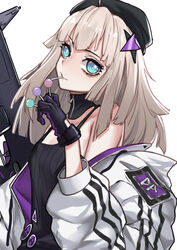  aa-12 aa-12_(girls&#039;_frontline) absurdres ahoge badge baggy_clothes bags_under_eyes bare_shoulders beret black_hat blue_eyes breasts button_badge camisole candy choker commentary_request female food girls&#039;_frontline gloves grey_hair gun hair_ornament hand_up hat highres holding holding_gun holding_weapon lollipop mouth_hold off_shoulder shield shield_module shotgun simple_background small_breasts solo star_(symbol) star_hair_ornament trigger_discipline weapon wu_lun_wujin 