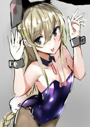  :p animal_ears black_eyes blonde_hair commentary_request detached_collar fake_animal_ears female grey_background hair_between_eyes hairband hands_up highres long_hair muoto original pantyhose playboy_bunny rabbit_ears rabbit_pose rabbit_tail simple_background solo tail tongue tongue_out very_long_hair wrist_cuffs 