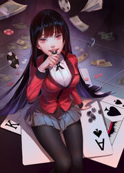  black_hair blazer breasts card collared_shirt commentary_request female highres hime_cut hyakkaou_academy_school_uniform jabami_yumeko jacket kakegurui large_breasts long_hair looking_at_viewer looking_up money open_mouth pantyhose photoshop_(medium) playing_card poker_chip red_jacket sawamaharu school_uniform shirt skirt smile solo teeth thumb_ring very_long_hair white_shirt 