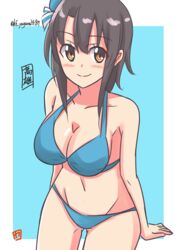  beret bikini black_hair blue_background blue_bikini blush border breasts brown_eyes commentary_request female hat kantai_collection large_breasts short_hair simple_background smile solo swimsuit takao_(kancolle) twitter_username white_border yagara_(kishimen_f) 