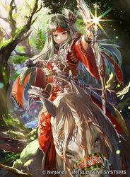  archery belt bow_(weapon) braid commentary_request copyright_name feathers female fingerless_gloves fire_emblem fire_emblem:_the_binding_blade fire_emblem_cipher firing focused forest gloves green_eyes green_hair hair_ornament head_wings headband horse horseback_archery horseback_riding light_rays lips long_hair mayo_(becky2006) nature official_art quiver riding serious short_hair sidelocks solo sue_(fire_emblem) sunbeam sunlight traditional_clothes weapon wings 