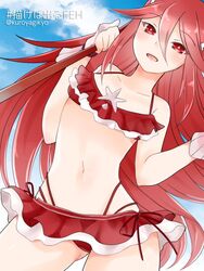  bare_shoulders bikini commentary_request cordelia_(fire_emblem) cordelia_(summer)_(fire_emblem) female fire_emblem fire_emblem_awakening fire_emblem_heroes hair_ornament long_hair looking_at_viewer looking_down mitsue_kyou red_eyes red_hair shell solo starfish summer swimsuit 