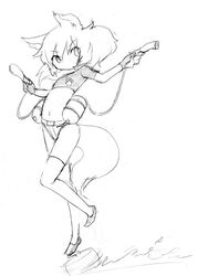  animal_ears camel_(dansen) female female flat_chest midriff monochrome navel sachiho solo tail thighhighs 