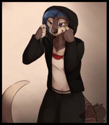  2016 5_fingers anthro blue_hair brown_body brown_fur brown_nose clothed clothing ekbellatrix eyelashes facial_markings female fingers fur hair head_markings hi_res hoodie mammal markings mustelid otter purple_eyes signature simple_background smile solo topwear whiskers 