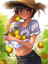  :3 black_hair blush carrying closed_mouth collarbone commentary_request day denim earrings female food fruit hat highres holding holding_food holding_fruit jeans jewelry kerorin looking_at_viewer midriff navel orange_(fruit) pants purple_eyes shirt shirt_basket short_hair short_sleeves sleeves_rolled_up smile solo standing star_(symbol) star_earrings straw_hat sun_hat t-shirt tree 