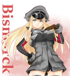  ajino_(sakanahen) aqua_eyes bismarck_(kancolle) blonde_hair breasts character_name commentary_request detached_sleeves female hat kantai_collection large_breasts long_hair military military_hat military_uniform solo thighhighs uniform very_long_hair wrist_cuffs zettai_ryouiki 