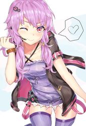  ashu blush breasts cleavage closed_mouth collarbone commentary_request female headset heart large_breasts long_hair looking_at_viewer one_eye_closed pink_eyes purple_hair purple_thighhighs smile solo speech_bubble spoken_heart thighhighs thighs vocaloid voiceroid yuzuki_yukari 