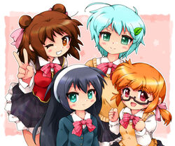  4girls bad_id bad_pixiv_id bow breasts brown_eyes brown_hair eboshi_momono glasses green_eyes green_hair grin katase_hakui kuriyama_yumino leaf long_hair looking_at_viewer medium_breasts mikuri_gakuen_sweets-bu multiple_girls one_eye_closed open_mouth red_eyes short_hair shougo_konatsu smile v zipang_(zip@ng_works) 