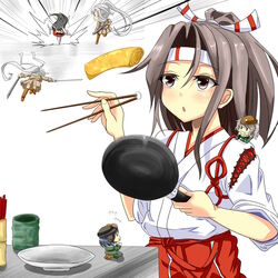  6+girls akagi_(kancolle) b6n_tenzan blush brown_eyes brown_hair chopsticks commentary_request cooking cup dual_wielding fairy_(kancolle) flat_chest flight_goggles food frying_pan gun hachimaki hair_ribbon hakama hakama_short_skirt hakama_shorts hakama_skirt headband high_ponytail highres holding holding_frying_pan japanese_clothes kantai_collection katana light_brown_hair long_hair machine_gun multiple_girls omelet open_mouth pants pilot_suit plate ponytail rakku_(10219563) ribbon running ryuusei_(kancolle) shorts skirt sword tamagoyaki tenzan_(kancolle) thighhighs type_99_dive_bomber weapon white_legwear yunomi zuihou_(kancolle) 