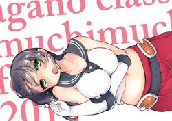  agano_(kancolle) belt black_hair blush breasts cleavage commentary_request earrings female gloves green_eyes heart heart-shaped_lock heart_earrings heart_lock_(kantai_collection) jewelry kantai_collection large_breasts lock long_hair looking_at_viewer lying midriff navel open_mouth sacha school_uniform see-through serafuku skirt solo white_gloves 