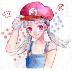  adjusting_clothes adjusting_headwear arisie arm_up bare_shoulders blue_overalls closed_mouth collarbone commentary_request cosplay crescent_moon cropped_torso female gensou_suikoden gensou_suikogaiden gloves hat long_hair looking_at_viewer lowres mario mario_(cosplay) mario_(series) moon overalls red_eyes red_hat sierra_mikain smile solo super_star_(mario) suspenders upper_body vampire white_gloves white_hair 