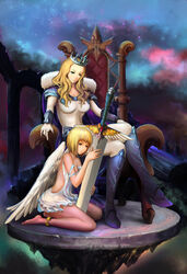  2girls absurdres angel angel_wings blonde_hair bodysuit boots breasts cape clare_(claymore) claymore_(series) cleavage commentary_request crown gin_(justice320) gloves grey_eyes highres knee_boots large_breasts light_smile long_hair medium_breasts multiple_girls photoshop_(medium) short_hair sitting smile strap_slip sword teresa_(claymore) throne wariza weapon wings yellow_eyes 