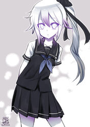  abyssal_ship adapted_costume arms_behind_back black_skirt commentary_request cowboy_shot dated destroyer_princess female hair_ribbon kantai_collection long_hair looking_at_viewer neckerchief pleated_skirt purple_eyes ribbon sailor_collar school_uniform serafuku side_ponytail skirt solo twitter_username weshika white_hair 