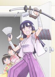  3girls bad_id bad_pixiv_id black_hair brown_hair door gokou_hinata gokou_ruri gokou_tamaki grey_eyes hand_fan headband highres japanese_clothes kimono long_hair multiple_girls ore_no_imouto_ga_konna_ni_kawaii_wake_ga_nai purple_eyes red_eyes sakaki_youma short_hair siblings sisters sword traditional_media twintails weapon 