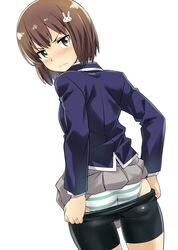  :| ass bike_shorts bike_shorts_pull blazer blush bob_cut brown_eyes brown_hair closed_mouth clothes_lift commentary_request female from_behind glaring hair_ornament highres jacket jitome jpeg_artifacts kono_bijutsubu_niwa_mondai_ga_aru! looking_back nagayori panties pulling_own_clothes rabbit_hair_ornament school_uniform short_hair simple_background skirt skirt_lift solo striped_clothes striped_panties underwear usami_mizuki v-shaped_eyebrows white_background 