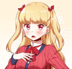  bad_id bad_twitter_id blonde_hair blush earrings female hair_ornament hair_ribbon hand_on_own_chest hoop_earrings iwaoka_(sikabanenomiti_park) jewelry long_hair long_sleeves looking_at_viewer red_eyes red_ribbon ribbon shirt solo tokyo_7th_sisters uesugi_u._kyouko upper_body 