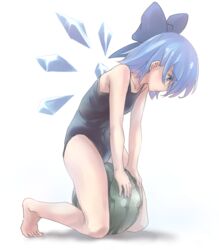  bare_arms bare_legs bare_shoulders barefoot black_one-piece_swimsuit blue_bow blue_eyes blue_hair bow breasts cirno collarbone commentary_request covered_navel detached_wings female food from_side fruit full_body hairbow ice ice_wings kneeling looking_down one-piece_swimsuit pi_(pnipippi) profile school_swimsuit short_hair small_breasts smile solo swimsuit toes touhou watermelon white_background wings 