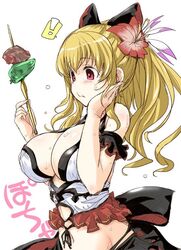  ! bikini black_bow blonde_hair blush bow breasts cleavage commentary_request female granblue_fantasy groin hairbow hand_on_own_cheek hand_on_own_face hirowa_nagi large_breasts long_hair navel official_alternate_costume pink_eyes ponytail simple_background solo speech_bubble spoken_exclamation_mark swimsuit upper_body vira_(granblue_fantasy) vira_(summer)_(granblue_fantasy) white_background 