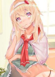  alice_margatroid ashu blonde_hair blush breasts brown_eyes closed_mouth collarbone commentary_request cookie_(touhou) female food-themed_hair_ornament hair_ornament hairband ichigo_(cookie) large_breasts long_hair looking_at_viewer navel smile solo strawberry_hair_ornament touhou 