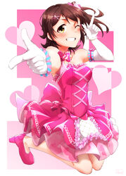  absurdres bad_id bad_pixiv_id bare_shoulders bow brown_hair commentary dress elbow_gloves female frills gloves grin hair_ornament hairbow hairclip heart heart_background high_heels highres idolmaster idolmaster_million_live! kasuga_mirai looking_at_viewer moment_(moment_607) no_socks one_eye_closed one_side_up pink_dress pointing pointing_at_viewer short_hair smile solo white_gloves yellow_eyes 