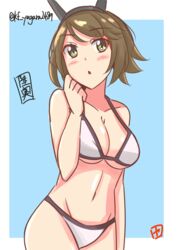  adapted_costume bikini blue_background blush border breasts brown_hair cleavage clenched_hand collarbone commentary_request female green_eyes headband headgear kantai_collection large_breasts looking_to_the_side mutsu_(kancolle) open_mouth short_hair simple_background solo swimsuit twitter_username underboob white_bikini white_border yagara_(kishimen_f) 