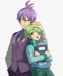  2boys ahoge bad_id bad_pixiv_id blue_eyes book green_eyes green_hair hair_over_one_eye hood hoodie horns hug lizard_tail long_hair male_focus mike_wazowski monsters_inc. multiple_boys nagatobi necktie one-eyed personification ponytail purple_hair randall_boggs short_hair tail vest 