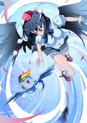  2girls black_hair blush chinese_commentary commentary_request crossover feathers flying highres multicolored_hair multiple_girls my_little_pony my_little_pony:_friendship_is_magic pegasus photoshop_(medium) rainbow_dash_(mlp) red_eyes shameimaru_aya sidelocks smile touhou trait_connection wings xin_yu_hua_yin 