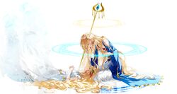  1boy blonde_hair blue_eyes closed_eyes commentary_request dress female food fruit g.g.lemon grapes hair_ornament highres long_hair magi_the_labyrinth_of_magic magic_circle scheherazade_(magi) staff titus_alexius very_long_hair 