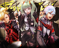  2boys agitation_(module) armband bad_boy_(module) band black_gloves blonde_hair chains chima_(colu-gaga) collar commentary_request drum electric_guitar female general_(module) gloves graffiti green_hair guitar hatsune_miku highres holding instrument kagamine_len kaito_(vocaloid) long_hair looking_at_viewer microphone multiple_boys nail_polish open_mouth photoshop_(medium) project_diva_(series) project_diva_f red_eyes shirt short_hair silhouette twintails unhappy_refrain_(vocaloid) vocaloid white_hair yellow_eyes 