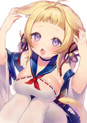  ahoge animal_ear_fluff animal_ears ariake_(azur_lane) asagi_yuna azur_lane bell blonde_hair blunt_bangs blush breasts choker cleavage commentary_request ears_down female flower_knot hair_bell hair_ornament hand_on_own_ear jingle_bell large_breasts oerba_yun_fang open_mouth pantyhose purple_eyes ribbon_trim sailor_collar short_hair simple_background sitting slit_pupils solo tail tassel white_background white_pantyhose wide_sleeves 