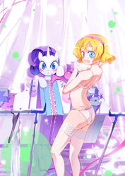  2girls :&lt; alice_margatroid ass bad_perspective blonde_hair blue_eyes blush bra chinese_commentary commentary_request crossover curly_hair flying_sweatdrops hairband highres horns looking_back multiple_girls my_little_pony my_little_pony:_friendship_is_magic open_mouth photoshop_(medium) purple_hair rarity_(my_little_pony) sewing sewing_machine shadow sidelocks single_horn surprised thighhighs touhou underwear unicorn xin_yu_hua_yin 