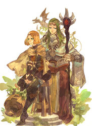  1boy androgynous arisen_(dragon&#039;s_dogma) blue_eyes cape commentary_request dragon dragon&#039;s_dogma dragon&#039;s_dogma_(series) elbow_pads female green_hair knee_pads long_hair orange_hair parted_bangs pawn_(dragon&#039;s_dogma) photoshop_(medium) pointy_ears rk_(azukiuguisu) short_hair sitting staff stool 