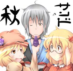  &gt;:) 1boy 2girls aki_minoriko aki_shizuha bespectacled blonde_hair choker commentary_request food fruit glasses grapes grey_hair hat kikurage_(sugi222) leaf morichika_rinnosuke multiple_girls smile sparkle sweet_potato touhou v-shaped_eyebrows 